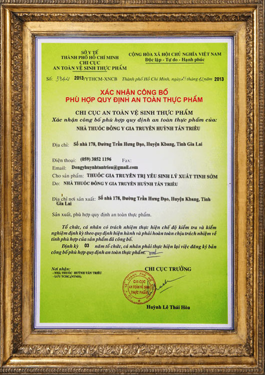 Chứng nhận sản phẩm chữa yếu sinh lý xuất tinh sớm